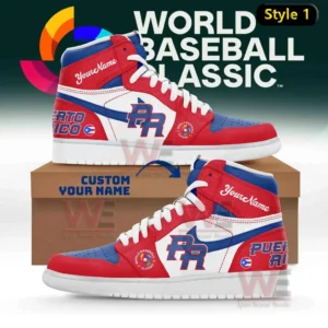 Two red white and blue high top sneakers with PR logo Puerto Rico text flag icon World Baseball Classic badge and custom name detail displayed on a shoebox with World Baseball Classic background!