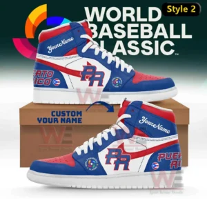 Puerto Rico World Baseball Classic 2026 Air Jordan High Shoes 3 Two blue white and red high top sneakers with PR logo Puerto Rico text flag icon World Baseball Classic badge and custom name detail shown on a shoebox with World Baseball Classic background!
