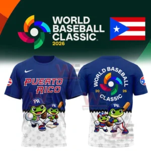 Puerto Rico world baseball classic 2026 blue and white t shirt with cartoon frog baseball players on the lower front and a large tournament logo on the back