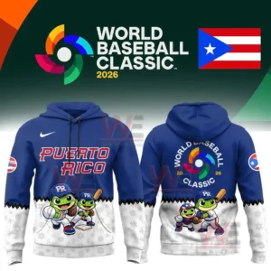 Puerto Rico world baseball classic 2026 blue hoodie with Puerto Rico text and cartoon frog baseball players on the front and a large tournament logo with year on the back