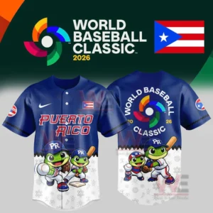 Puerto Rico world baseball classic 2026 navy baseball jersey with Puerto Rico text flag patch and cartoon frog baseball players on the front and large tournament logo on the back