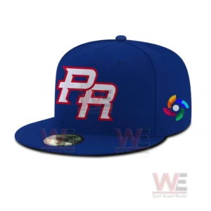 Blue Puerto Rico snapback cap with large PR letters on the front and a colorful world baseball classic logo patch on the side