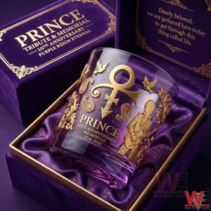 Prince memorial anniversary whiskey glass in a purple gift box with gold artwork and satin lining!