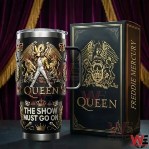Black insulated tumbler with handle decorated with royal music imagery and bold concert themed artwork!
