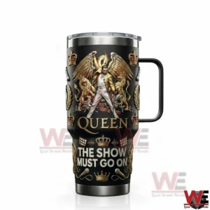 Black insulated tumbler with handle featuring a classic rock concert design on a white background!