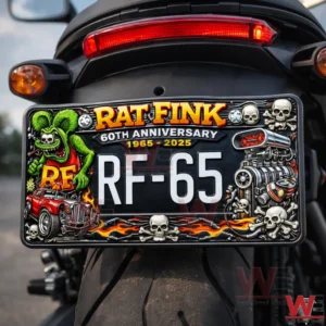 Rat Fink sixty anniversary motorcycle license plate with hot rod graphics and skull details mounted on the rear of a motorcycle!