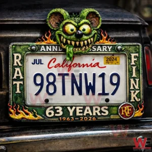 Rat Fink anniversary license plate frame with a green monster head flame border and sixty three years text mounted on a vehicle.
