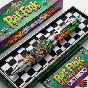 Rat Fink commemorative pen inside a decorative box with custom artwork racing details and collectible presentation!