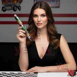 Model holding Rat Fink commemorative pen with detailed artwork bold colors and collectible design!
