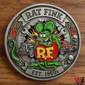Close up of a Rat Fink themed metal coin with a green rat character red RF shirt and the text Rat Fink Est 1960s on a wooden surface!