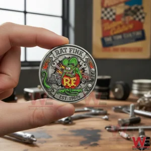 Person holding a Rat Fink themed metal coin with green rat character red RF shirt and Est 1960s text in a workshop with tools on a table!