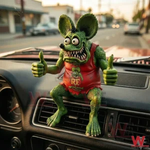 A green Rat Fink style figurine positioned on a vehicle dashboard with raised thumbs and intense cartoon expression!