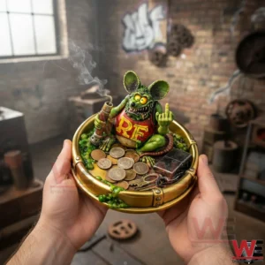 Rat Fink Garage 3D Coin & Key Tray 5 Hands holding a mutant rat coin and key tray in an industrial workshop!