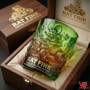 A Rat Fink garage culture edition whiskey glass with green glass finish illustrated hot rod design and wooden gift box presentation!