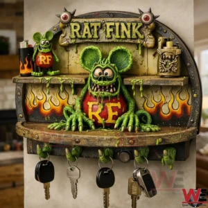 Rat Fink Garage Wall Key Holder 3 Rat Fink wall mounted key rack with a green monster character flame graphics and green hand hooks holding several keys.