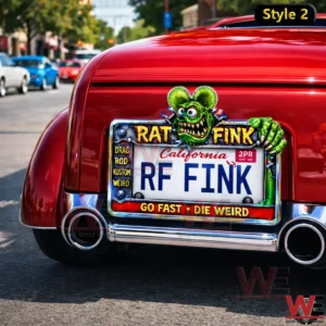 Rat Fink Go Fast Die Weird Car License Plate Frame 3 Back of a red classic car with a California license plate RF FINK and a Rat Fink themed frame featuring a green monster character and the phrase Go Fast Die Weird.