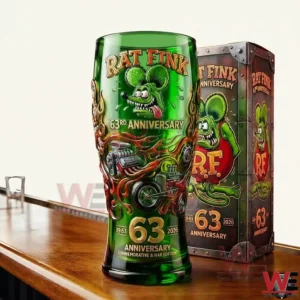 Green Rat Fink anniversary beer glass displayed on a wooden table with a matching decorative box behind it!