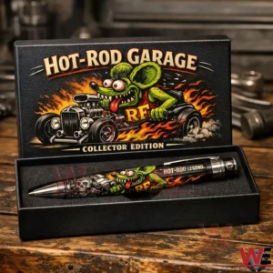 Hot Rod Garage collector edition pen in an open black box with colorful rat hot rod flame artwork and matching pen design on a rustic workbench!