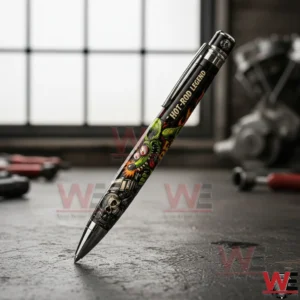 Hot Rod Legend themed pen with flame skull and green rat artwork standing on a workshop table with garage tools and engine parts in the background!