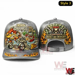 Front and back views of a gray snapback cap with Iron Garage Rat Fink hot rod illustration and a Built Not Bought skull engine design with flames.