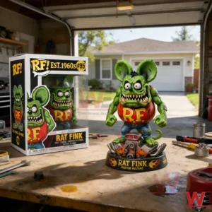 Green Rat Fink collectible figure on a flame base with engine details shown beside a matching box on a garage workbench.