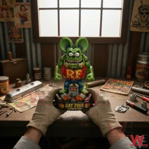 Gloved hands holding a green Rat Fink kustom kulture figure on an engine and flame base in a workshop setting.