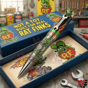 Rat Fink collector pen with flame design and green character topper in an open blue gift box with Not A Toy Built For Real Rat Finks text and matching artwork on a workshop workbench!