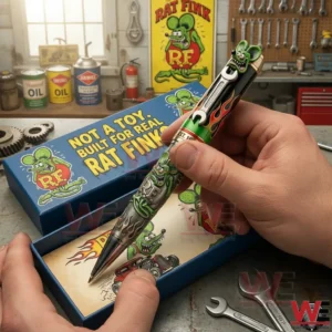Rat Fink Limited Garage Edition Pen 3 Hands holding a Rat Fink themed pen with flame graphics and green character topper above an open blue gift box with Not A Toy Built For Real Rat Finks text in a garage workshop setting!