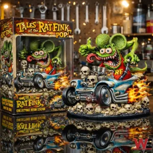 Rat Fink style monster hot rod resin statue with skulls and flames displayed next to a Tales of the Rat Fink Pop collector box on a reflective table.