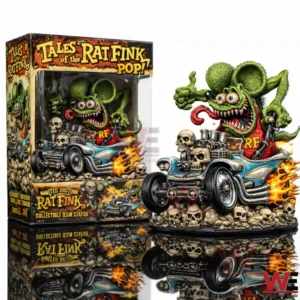 Rat Fink style green monster hot rod resin statue with skull base and flames displayed beside a Tales of the Rat Fink Pop collector box on a white background.