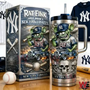 Insulated tumbler with cartoon baseball mascot artwork displayed beside a themed collector box!
