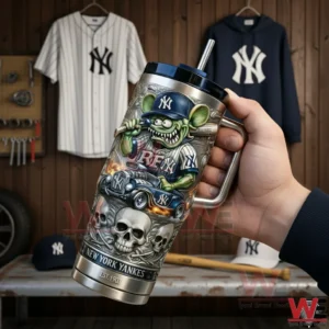 Hand holding an insulated tumbler with cartoon baseball mascot artwork in a sports themed room!