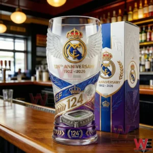 Real Madrid anniversary glass on bar counter with gift box!
