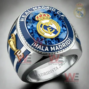 Silver and blue Real Madrid ring with faceted blue gemstone top club crest trophy side detail and Madridista 2026 engraving