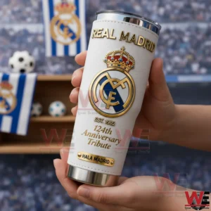 Hands holding a white Real Madrid insulated tumbler with gold crest crown and anniversary tribute details!