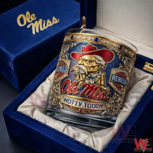 Ole Miss Hotty Toddy whiskey glass displayed inside a blue presentation box!