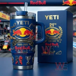 Red Bull Racing 2005-2026 21St Anniversary Yeti Tumbler Cup 3 Blue Yeti Red Bull Racing anniversary tumbler with handle and straw featuring 21st Anniversary 2005 2026 graphics displayed beside a matching collector gift box!