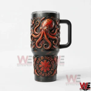 Black handled tumbler with embossed red octopus and Red Hot Chili Peppers logo on a white background!