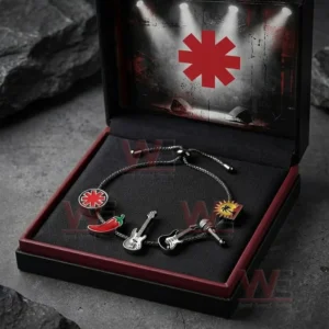 Silver adjustable charm bracelet in a black gift box with a red asterisk concert backdrop featuring chili pepper guitar bass microphone and sun palm charms.