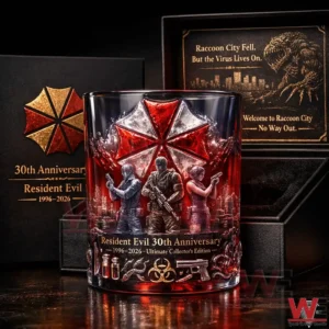 A clear collectible whiskey glass with Resident Evil thirty year anniversary artwork resting securely inside an elegant display case!