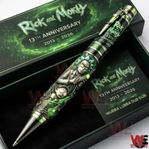 Science fiction themed metal pen with Rick and Morty artwork displayed inside a decorative presentation box!