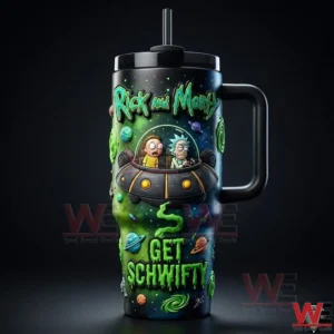 Rick and Morty tumbler with handle and straw showing characters in a spaceship with Get Schwifty text on a dark space themed background!