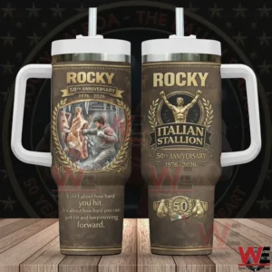 Rocky 50th anniversary tumbler shown from both sides with Italian Stallion logo and boxing training artwork plus 1976 2026 anniversary details!