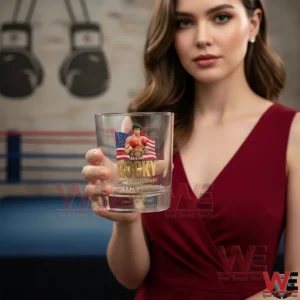 Woman in a red dress holding a clear commemorative glass with a boxer illustration and American flag design inside a boxing gym!
