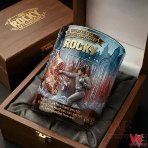 Rocky anniversary collectible glass displayed inside a wooden gift box!