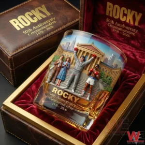 A Rocky fifty anniversary commemorative whiskey glass with cinematic character artwork amber whiskey and an elegant presentation box!