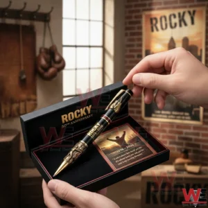 Hands presenting a Rocky 50th anniversary 1976 2026 commemorative pen in a black presentation box with a matching inspirational card in a boxing themed room!
