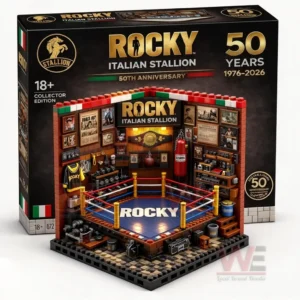 Rocky Italian Stallion fiftieth anniversary collector edition boxing gym diorama with central ring rocky text posters championship belt punching bag dumbbells shelves gym equipment and branded packaging behind!