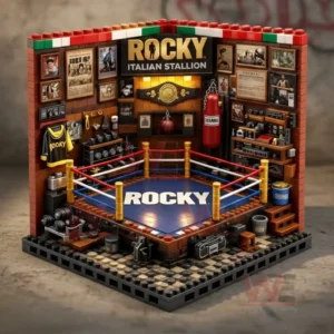 Rocky boxing gym building block diorama with miniature ring rocky text championship belt display punching bag framed posters shelves weights and detailed training equipment in a brick wall room setting!