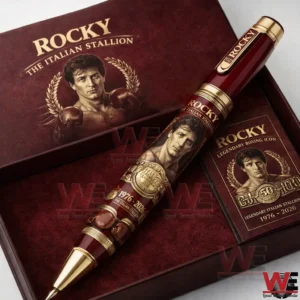 Red and gold commemorative pen with Rocky themed artwork placed inside a presentation box!